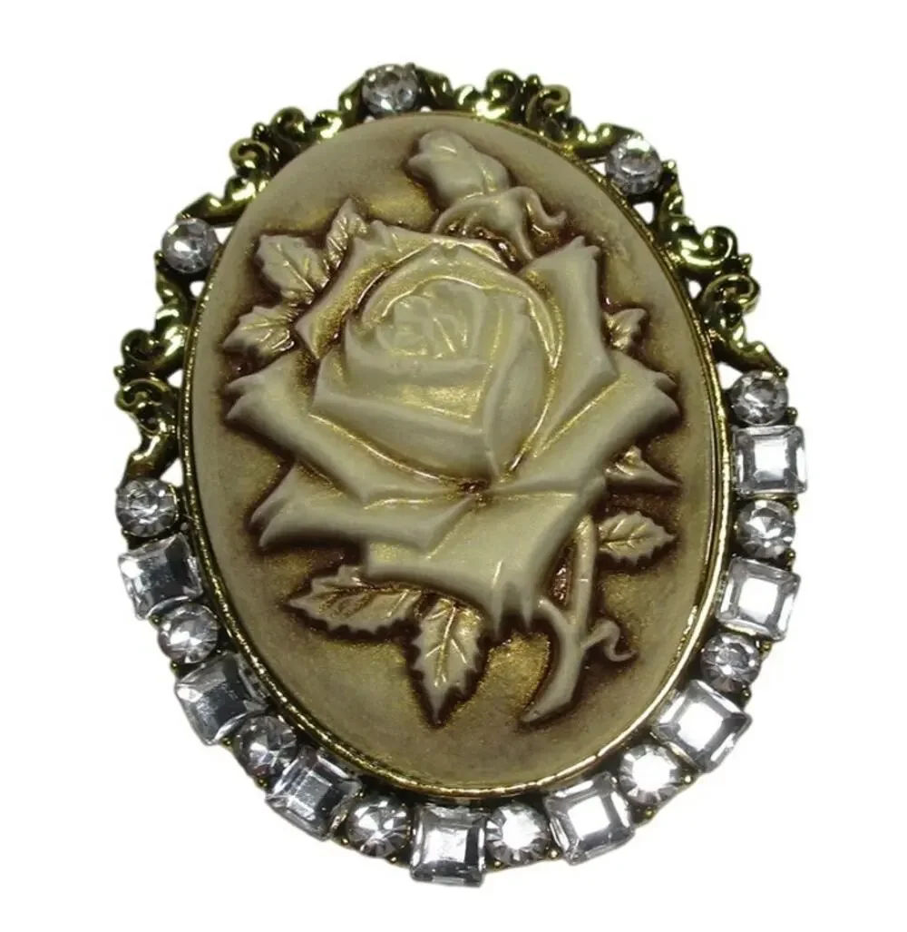Vintage Style Cameo Rose Gold Tone Rhinestone Brooch Pendant Combo